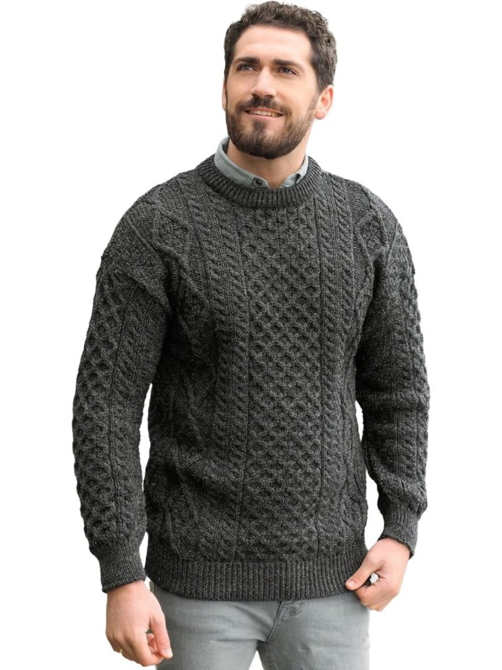 Aran Crafts Irish Unisex Cable Knit Crew Neck Wool Sweater (C1347)